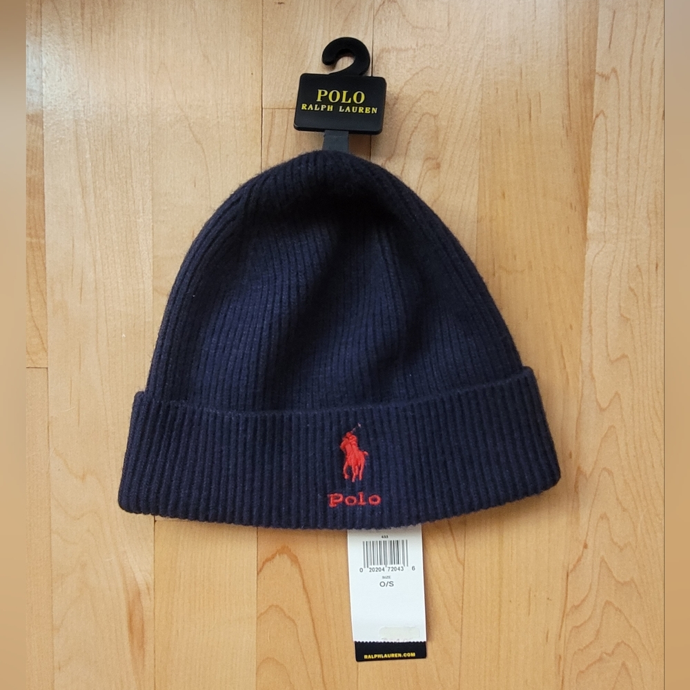 Polo Ralph Lauren Men’s Beanie Wool Blend Navy/Red Pony Knit Cuffed Hat One Size
